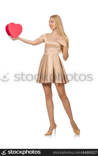 Happy woman holding giftbox isolated on the white