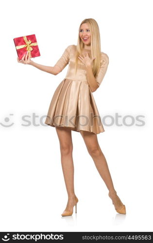 Happy woman holding giftbox isolated on the white