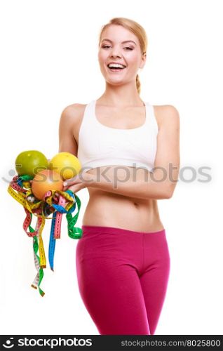 Happy woman holding grapefruits and tape measures.. Happy joyful young woman girl holding grapefruits and tape measures. Slimming and dieting. Healthy lifestyle nutrition concept. Isolated on white.