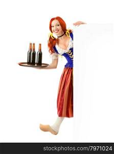 Happy Woman in a Traditional Oktoberfest Costume and a wooden shoe with Tray of Three Beer Bottles Holding a Sign, Isolated on White Background.