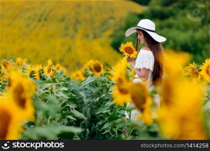 Happy woman in a white dress and hat in a field of sunflowers enjoys the sunlight. Summer walk on the field of sunflowers of a young girl. selective focus.. Happy woman in a white dress and hat in a field of sunflowers enjoys the sunlight. Summer walk on the field of sunflowers of a young girl. selective focus