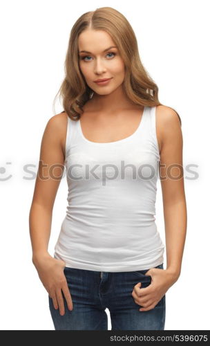 happy woman in blank white t-shirt