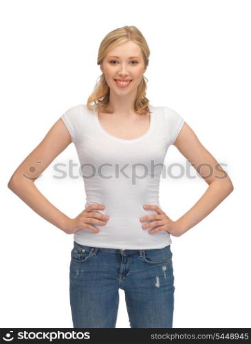 happy woman in blank white t-shirt