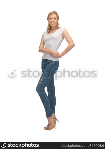 happy woman in blank white t-shirt