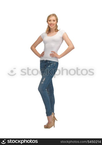 happy woman in blank white t-shirt