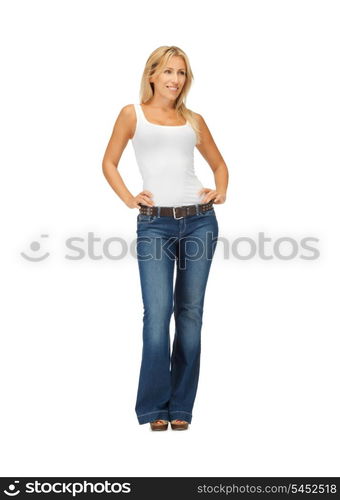 happy woman in blank white t-shirt