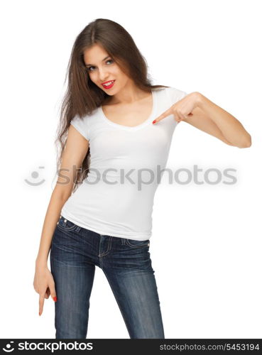 happy woman in blank white t-shirt