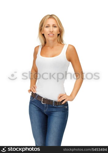 happy woman in blank white t-shirt