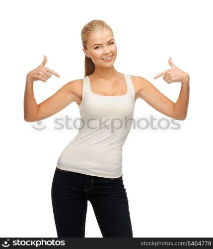 happy woman in blank white t-shirt pointing at herself