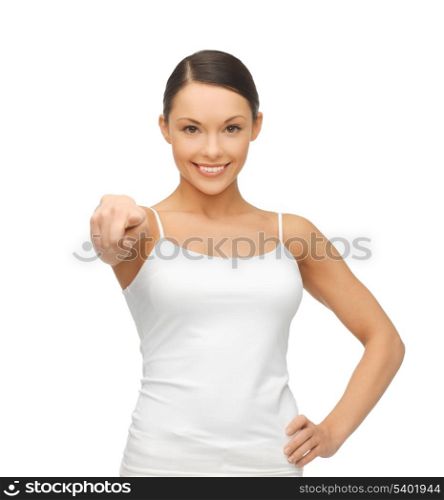 happy woman in blank white t-shirt pointing at you