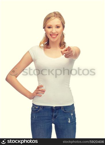 happy woman in blank white t-shirt pointing her finger. woman in blank white t-shirt pointing her finger