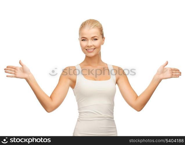 happy woman in blank white t-shirt showing open palms