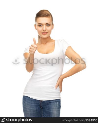 happy woman in blank white t-shirt showing thumbs up