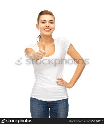 happy woman in blank white t-shirt showing thumbs up