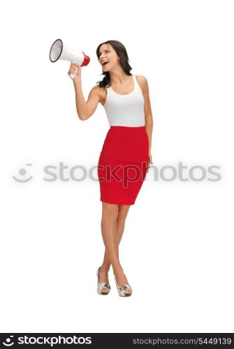 happy woman in blank white t-shirt with megaphone
