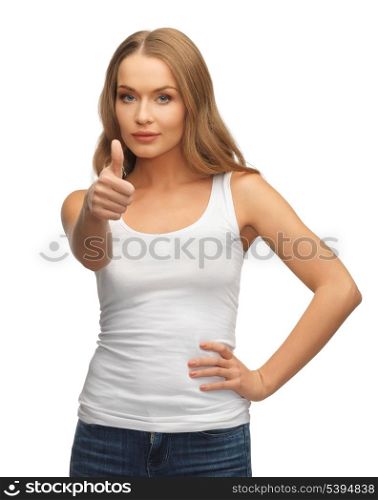 happy woman in blank white t-shirt with thumbs up