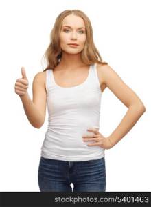 happy woman in blank white t-shirt with thumbs up
