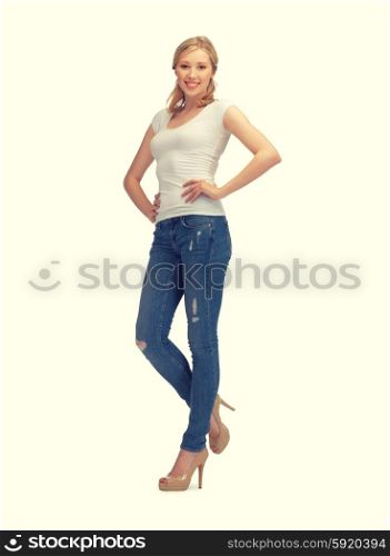 happy woman in blank white t-shirt. woman in blank white t-shirt