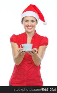 Happy woman in Christmas hat holding cup of hot beverage