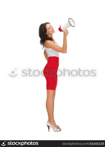 happy woman in dress with megaphone