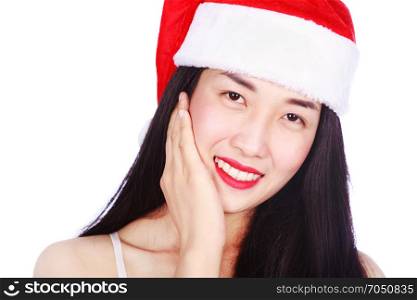 happy woman in Santa Claus clothes isolated on a white background