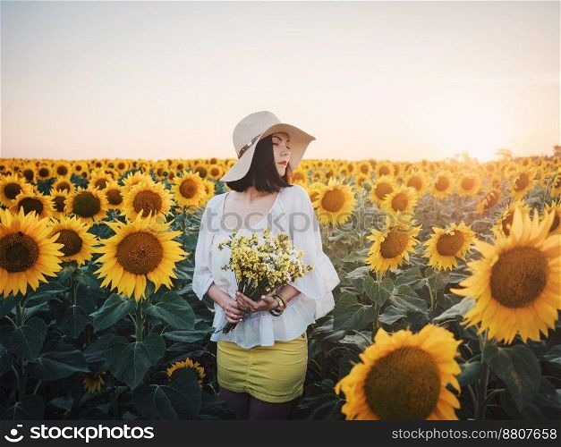Happy woman in sunflower field. Summer girl in flower field cheerful and joyful.Caucasian young lady in cowboy hat dancing, smiling elated and serene with arms raised up.. woman in sunflower field cowboy hat holds bouquet