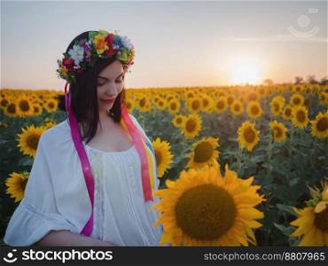 Happy woman in sunflower field. Summer girl in flower field cheerful and joyful.Caucasian young lady in cowboy hat dancing, smiling elated and serene with arms raised up.. Ukrainian girl in flower field cheerful and joyful