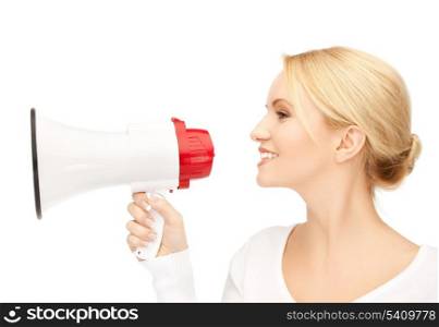 happy woman in white shirt with megaphone