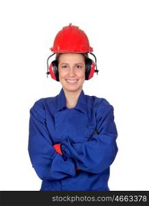 Happy woman industrial worker isolated on white background