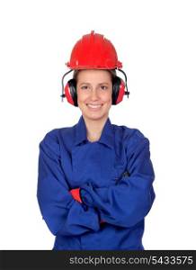 Happy woman industrial worker isolated on white background