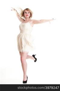 Happy woman jumping with arms up in full length isolated on white background