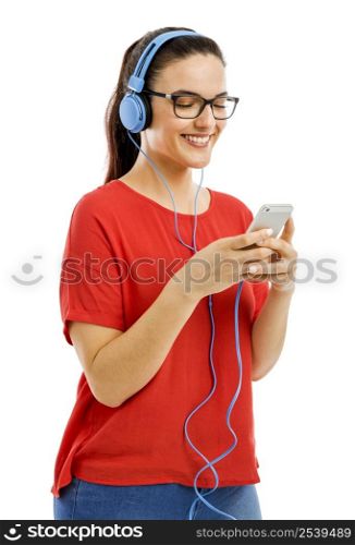 Happy woman listen music on her phone, isolated over white background