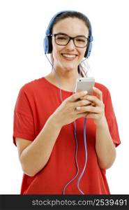 Happy woman listen music on her phone, isolated over white background