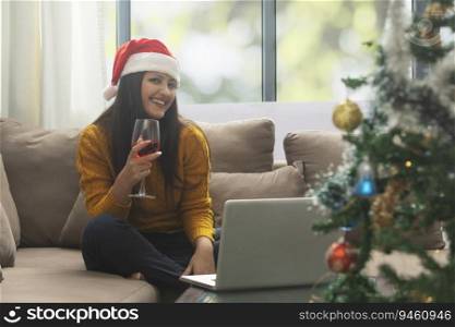 Happy Woman Making Video Call During Christmas Celebration