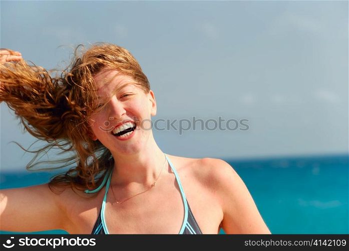 happy woman on sea