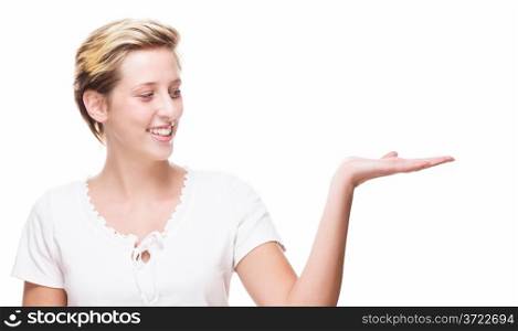 happy woman showing empty hand for product placement. happy woman showing empty hand for product placement on white background