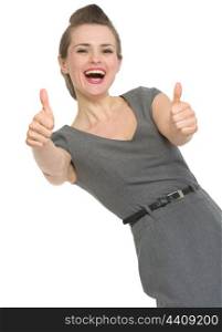 Happy woman showing thumbs up. HQ photo. Not oversharpened. Not oversaturated. Happy woman showing thumbs up isolated