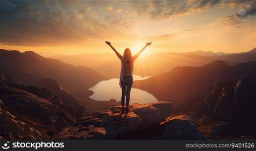 Happy woman standing on top of mountain and looking at beautiful sunset sky