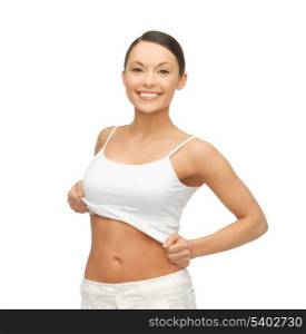 happy woman taking off blank white t-shirt