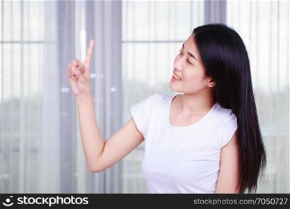 happy woman thinking with window background at home