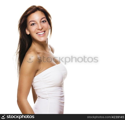 happy woman turning around. happy brunette woman turning around on white background