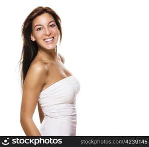 happy woman turning around. happy brunette woman turning around on white background