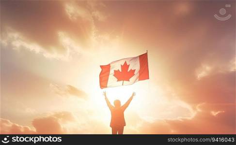 Happy woman waving canada flag against orange and blue sky with clouds