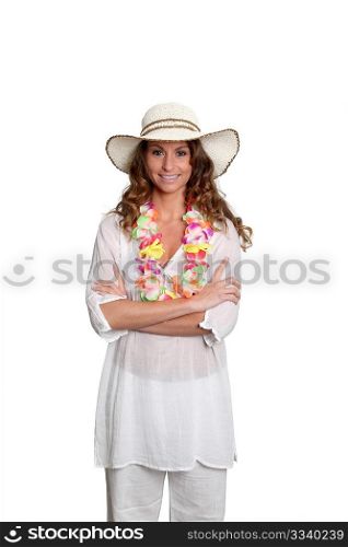 Happy woman wearing hawaiian outfit