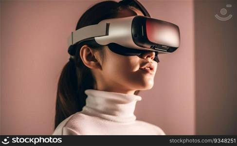 Happy Woman wearing VR headset for mixed reality vision. Pro device of spatial computing era. Generative ai art. Happy Woman wearing VR headset for mixed reality vision. Pro device of spatial computing era. Generative ai