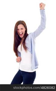 Happy woman winning with raised arms, isolated on white background