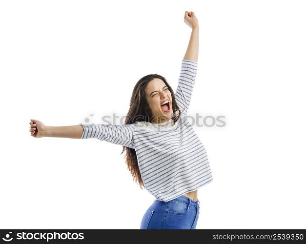 Happy woman with arms up and yelling of happiness