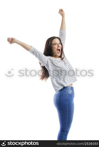 Happy woman with arms up and yelling of happiness