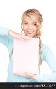 happy woman with blank board over white