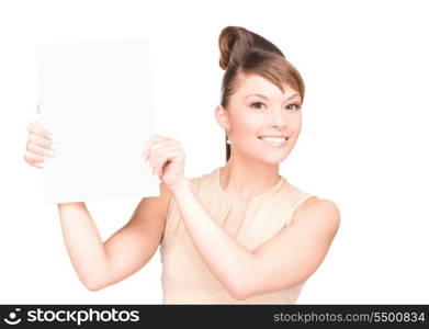 happy woman with blank board over white